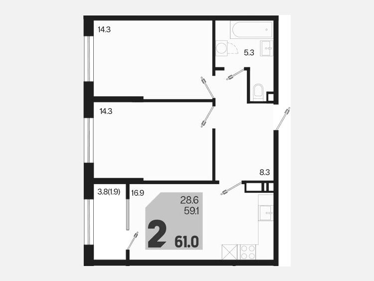 3-комнатная квартира, 61 м², 2/18 этаж фото 0
