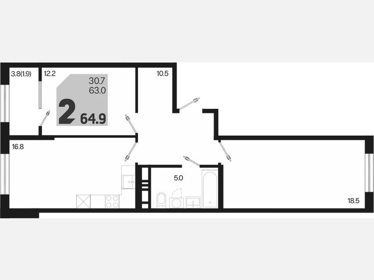3-комнатная квартира, 64.90 м², 15/18 этаж фото 0