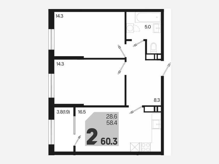3-комнатная квартира, 60.30 м², 7/18 этаж фото 0