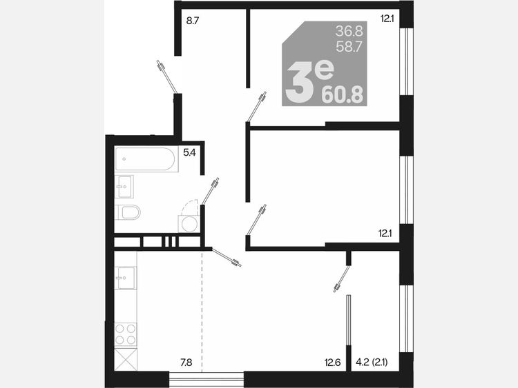 3-комнатная квартира, 60.80 м², 7/18 этаж фото 0
