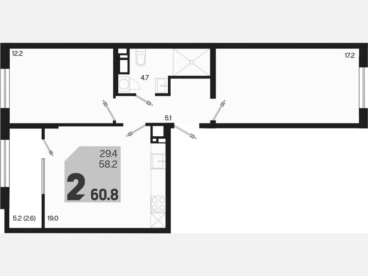 3-комнатная квартира, 60.80 м², 14/18 этаж фото 0