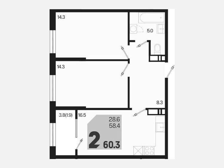 3-комнатная квартира, 60.30 м², 18/18 этаж фото 0
