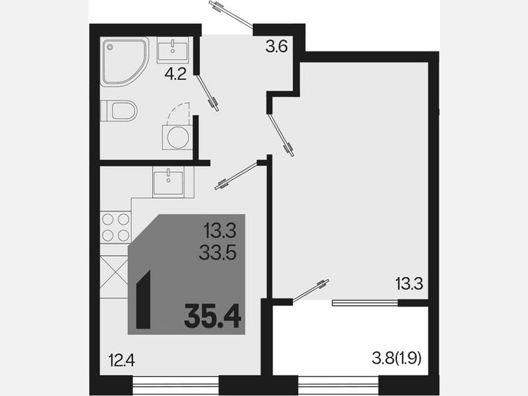 1-комнатная квартира, 35.40 м², 2/9 этаж фото 0