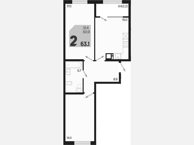 3-комнатная квартира, 63.10 м², 2/9 этаж фото 0
