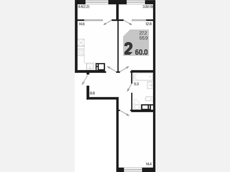 2-комнатная квартира, 60 м², 4/9 этаж фото 0