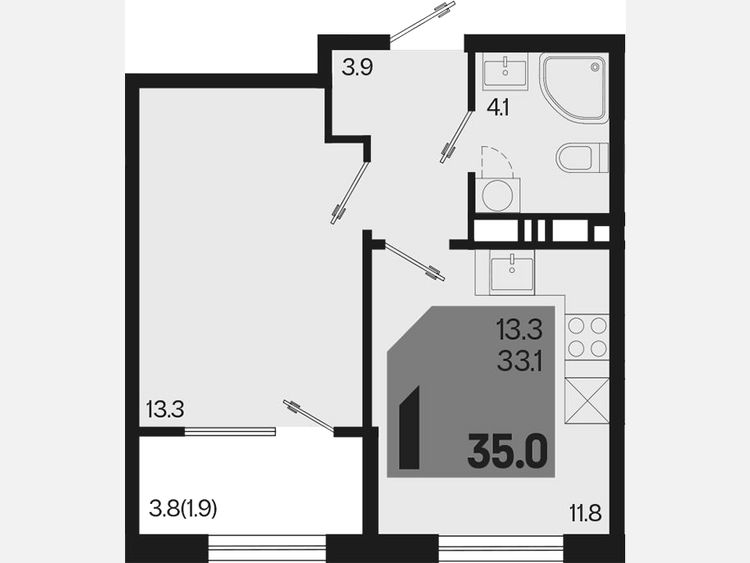 1-комнатная квартира, 35 м², 6/9 этаж фото 0