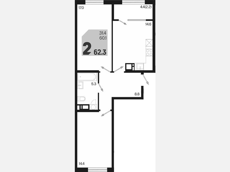 2-комнатная квартира, 62.30 м², 3/9 этаж фото 0