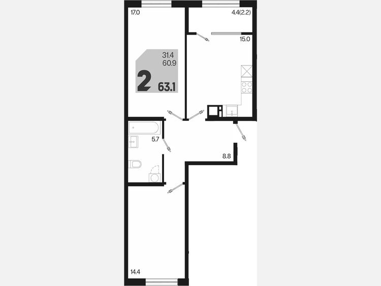 3-комнатная квартира, 63.10 м², 2/9 этаж фото 0
