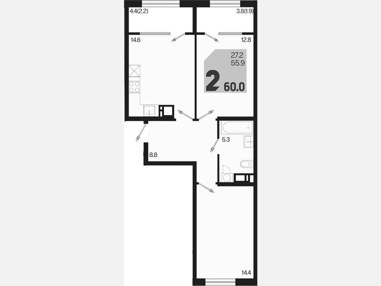 2-комнатная квартира, 60 м², 8/9 этаж фото 0