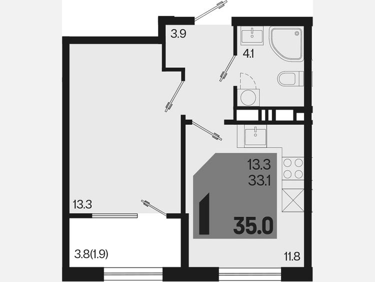 1-комнатная квартира, 35 м², 3/9 этаж фото 0