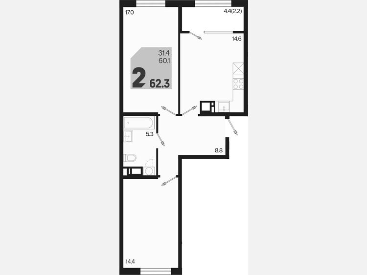 2-комнатная квартира, 62.30 м², 6/9 этаж фото 0
