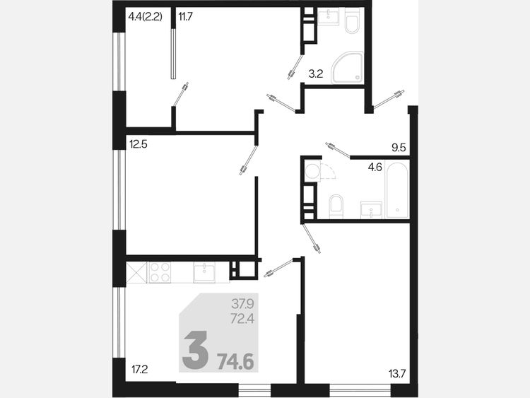4-комнатная квартира, 74.60 м², 6/9 этаж фото 0