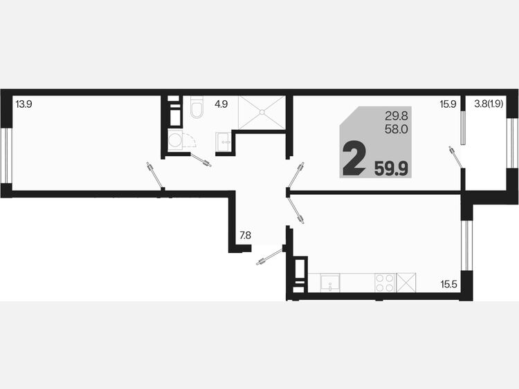 3-комнатная квартира, 59.90 м², 5/9 этаж фото 0