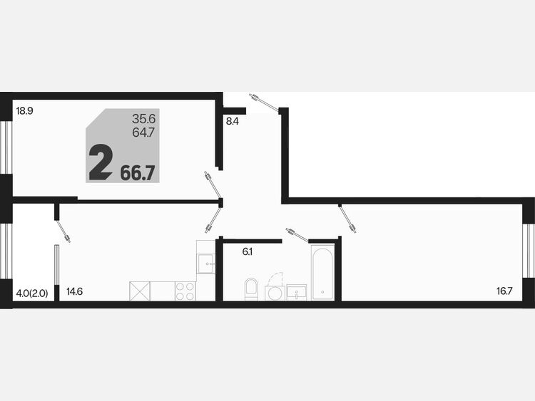 2-комнатная квартира, 66.70 м², 2/18 этаж фото 0