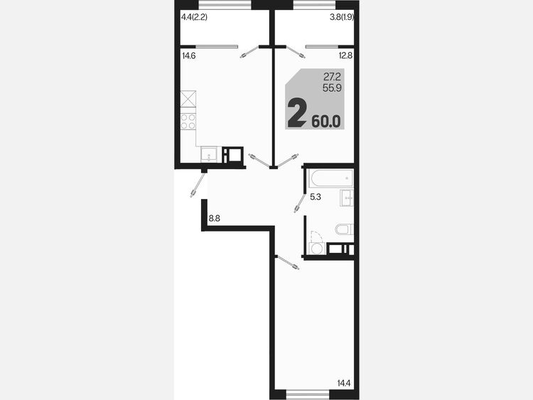 2-комнатная квартира, 60 м², 7/9 этаж фото 0