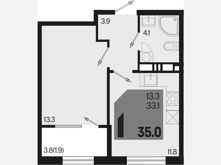 1-комнатная квартира, 35 м², 5/9 этаж фото 0