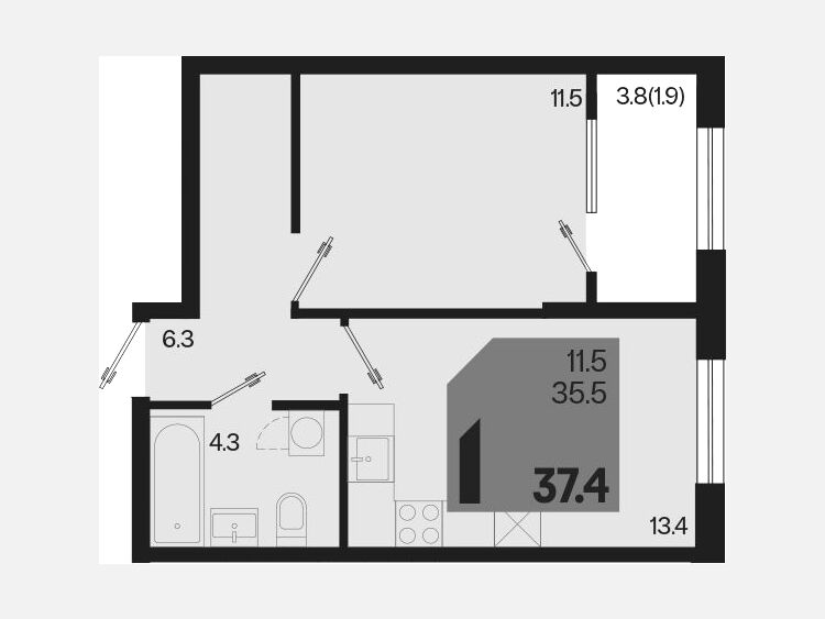 1-комнатная квартира, 37.40 м², 2/18 этаж фото 0