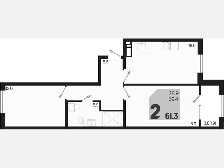 3-комнатная квартира, 61.30 м², 2/9 этаж фото 0