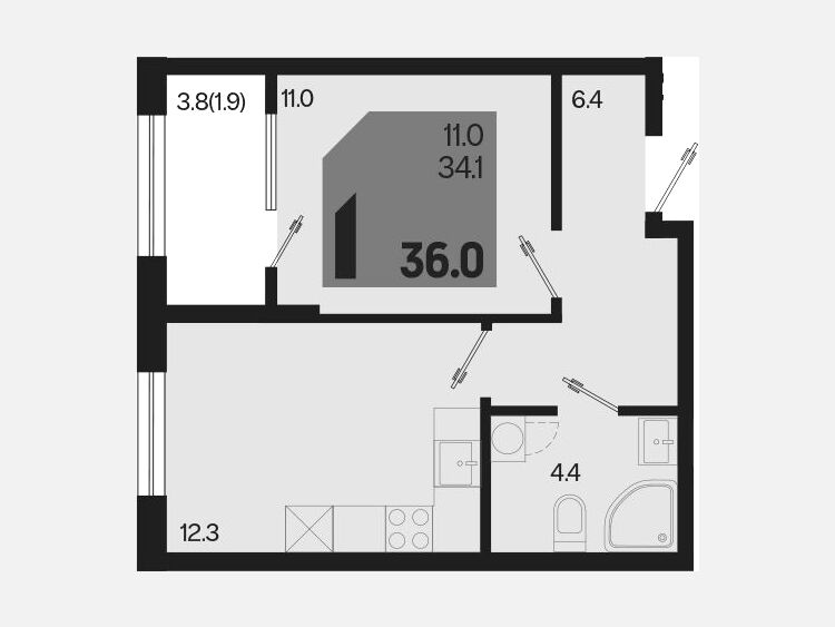 1-комнатная квартира, 36 м², 2/18 этаж фото 0