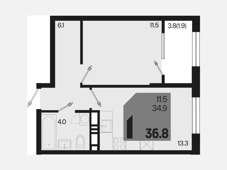 1-комнатная квартира, 36.80 м², 9/18 этаж фото 0