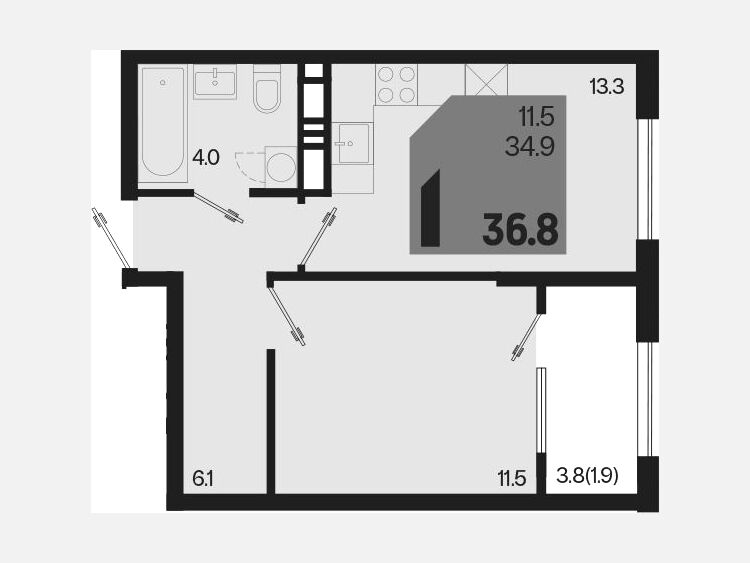 1-комнатная квартира, 36.80 м², 9/18 этаж фото 0