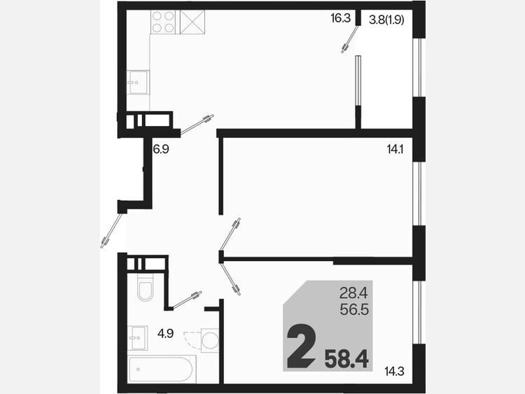 3-комнатная квартира, 58.40 м², 3/18 этаж фото 0