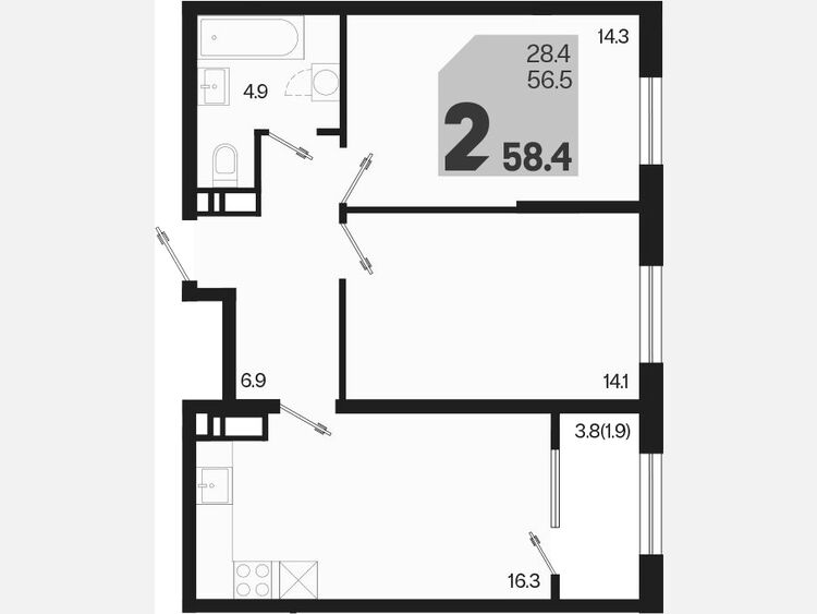 3-комнатная квартира, 58.40 м², 18/18 этаж фото 0