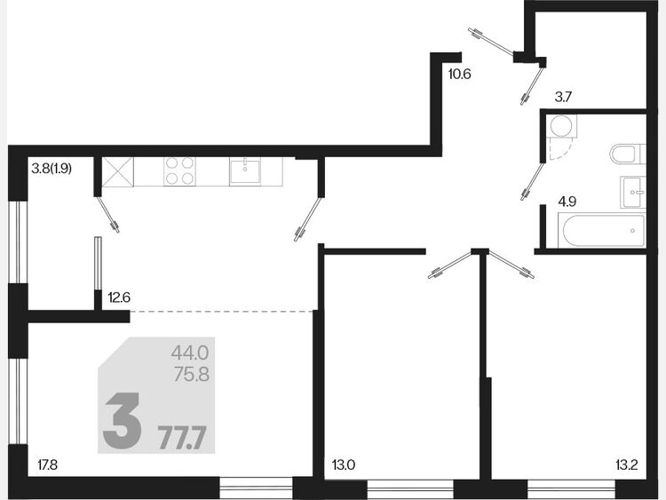 3-комнатная квартира, 77.70 м², 2/18 этаж фото 0