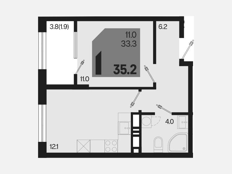 1-комнатная квартира, 35.20 м², 16/18 этаж фото 0