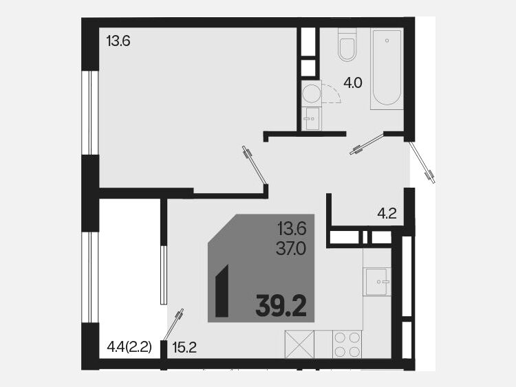 2-комнатная квартира, 39.20 м², 15/18 этаж фото 0