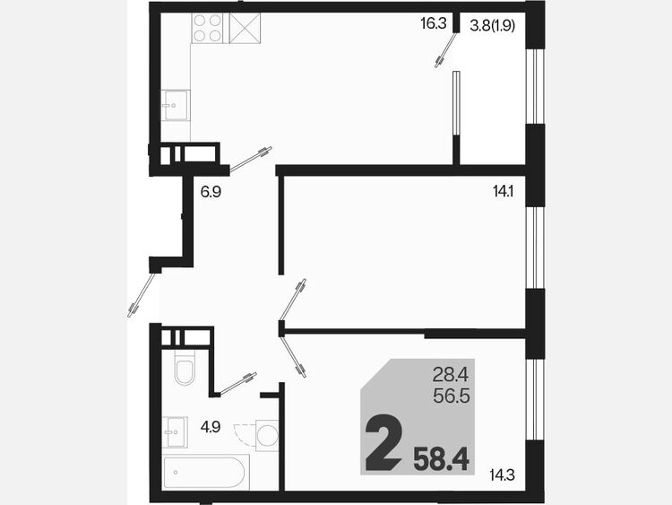 3-комнатная квартира, 58.40 м², 17/18 этаж фото 0
