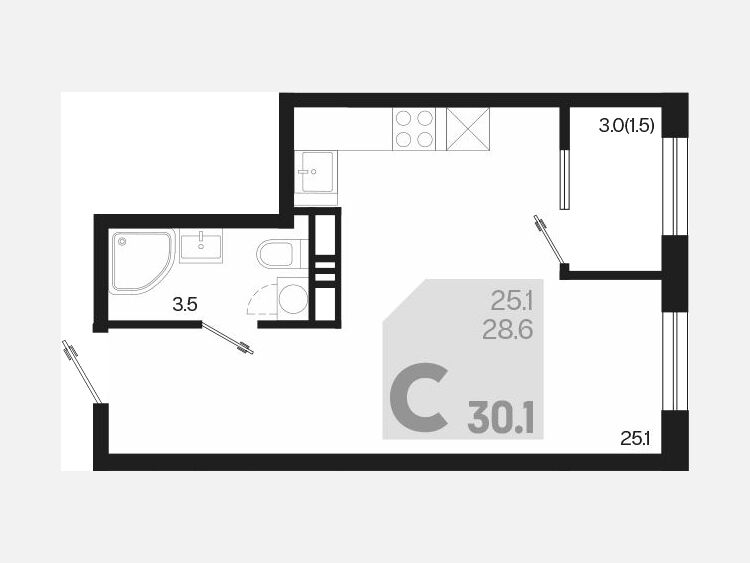 Студия, 30.10 м², 13/18 этаж фото 0