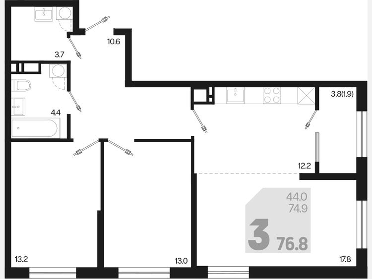 3-комнатная квартира, 76.80 м², 10/18 этаж фото 0