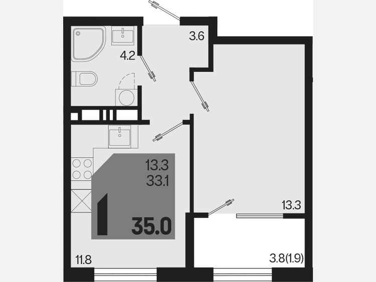 1-комнатная квартира, 35 м², 6/9 этаж фото 0