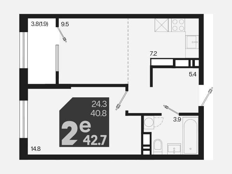 2-комнатная квартира, 42.70 м², 16/18 этаж фото 0