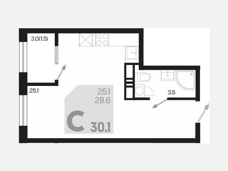 Студия, 30.10 м², 15/18 этаж фото 0