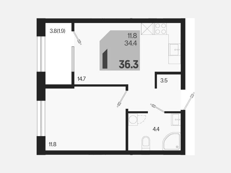 1-комнатная квартира, 36.30 м², 2/9 этаж фото 0