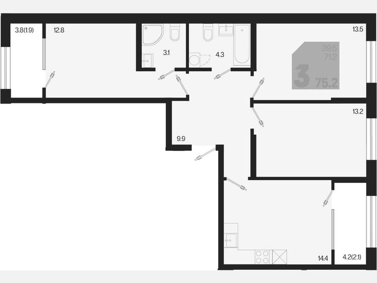 3-комнатная квартира, 75.20 м², 2/9 этаж фото 0