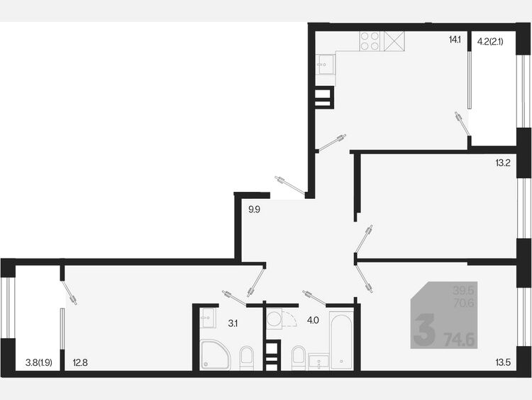 3-комнатная квартира, 74.60 м², 7/9 этаж фото 0