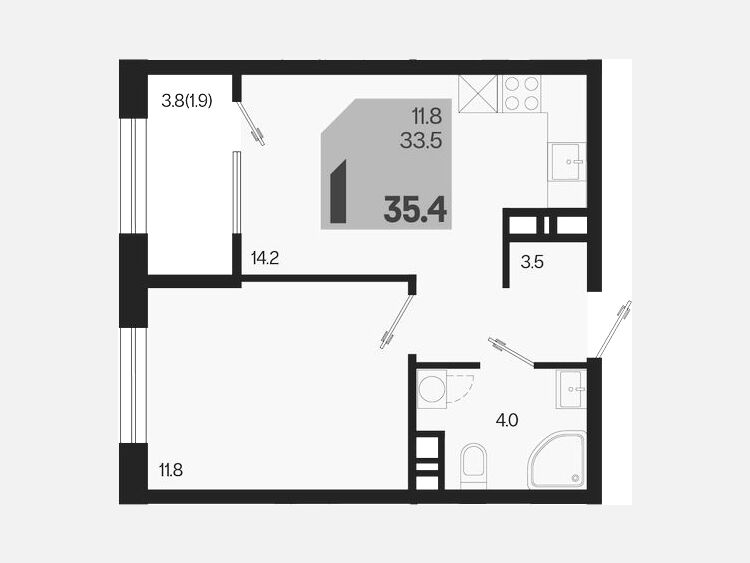 1-комнатная квартира, 35.40 м², 6/9 этаж фото 0