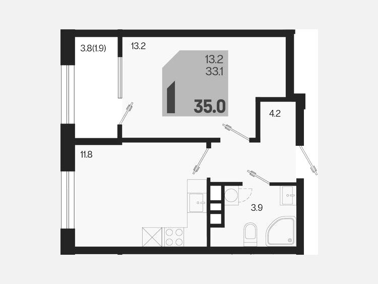 1-комнатная квартира, 35 м², 5/9 этаж фото 0