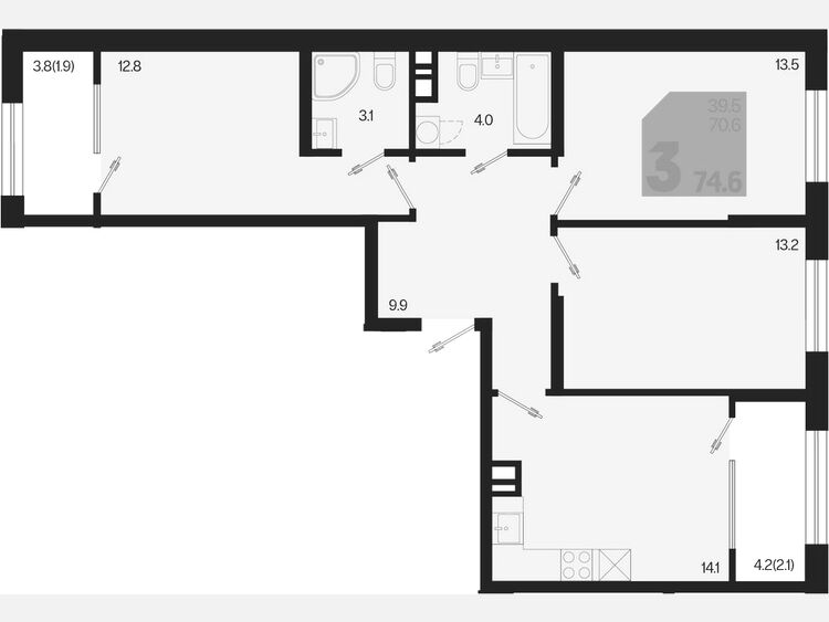 3-комнатная квартира, 74.60 м², 5/9 этаж фото 0