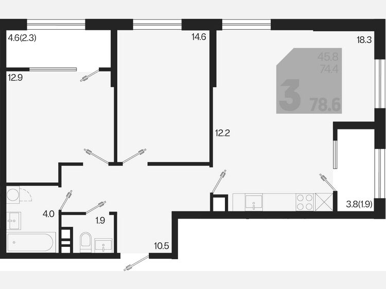 3-комнатная квартира, 78.60 м², 4/9 этаж фото 0