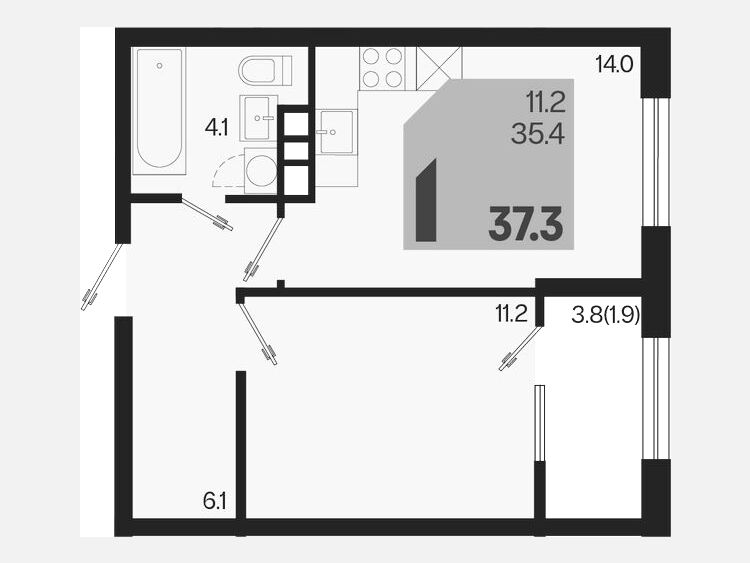 1-комнатная квартира, 37.30 м², 8/9 этаж фото 0