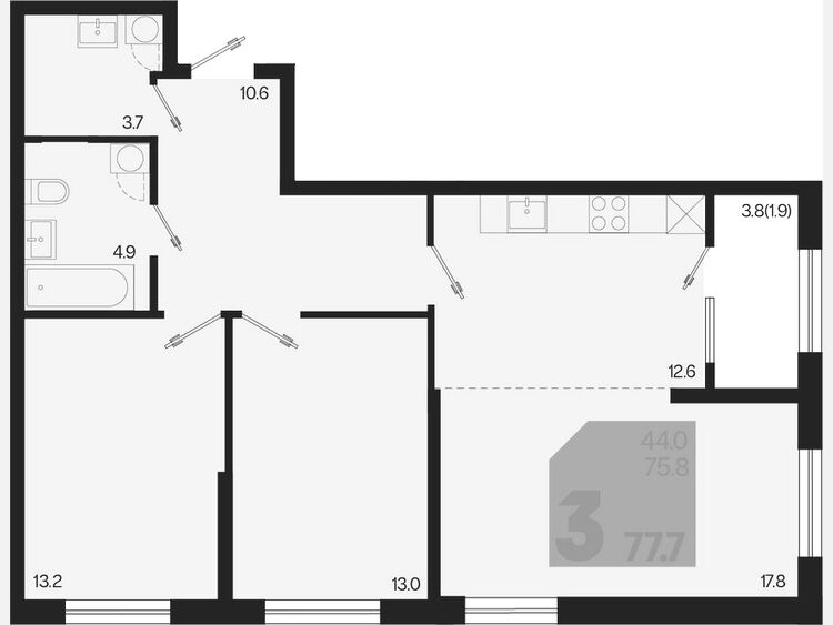 3-комнатная квартира, 77.70 м², 2/18 этаж фото 0