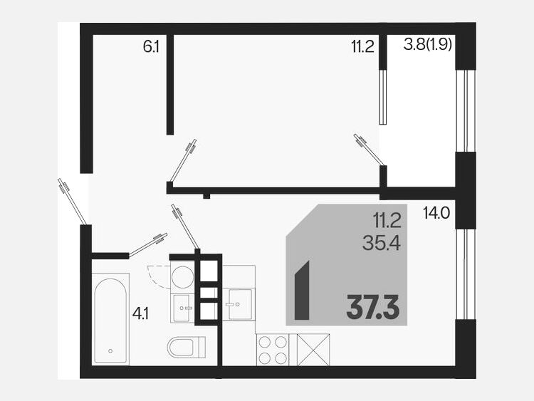1-комнатная квартира, 37.30 м², 8/9 этаж фото 0