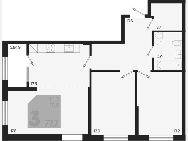 3-комнатная квартира, 77.70 м², 2/18 этаж фото 0