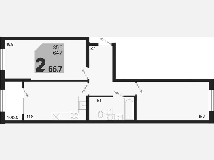 2-комнатная квартира, 66.70 м², 2/18 этаж фото 0