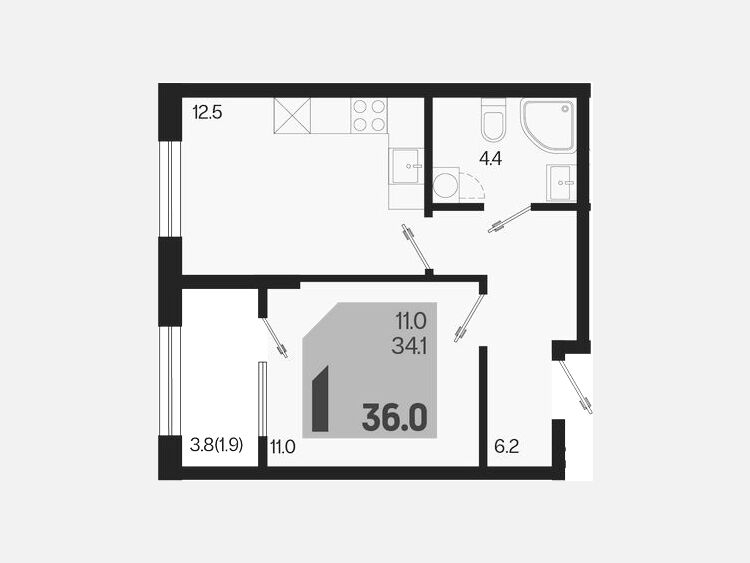 1-комнатная квартира, 36 м², 2/18 этаж фото 0