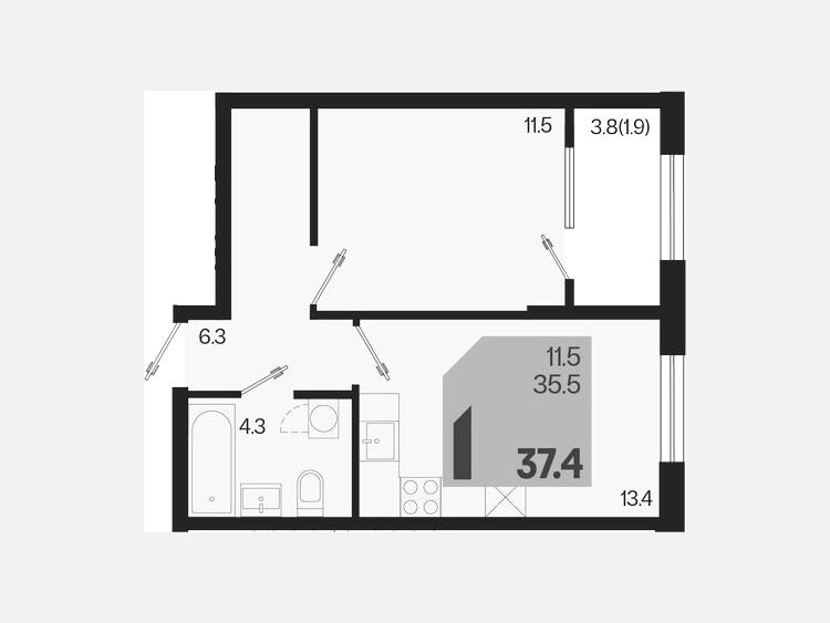 1-комнатная квартира, 37.40 м², 2/18 этаж фото 0